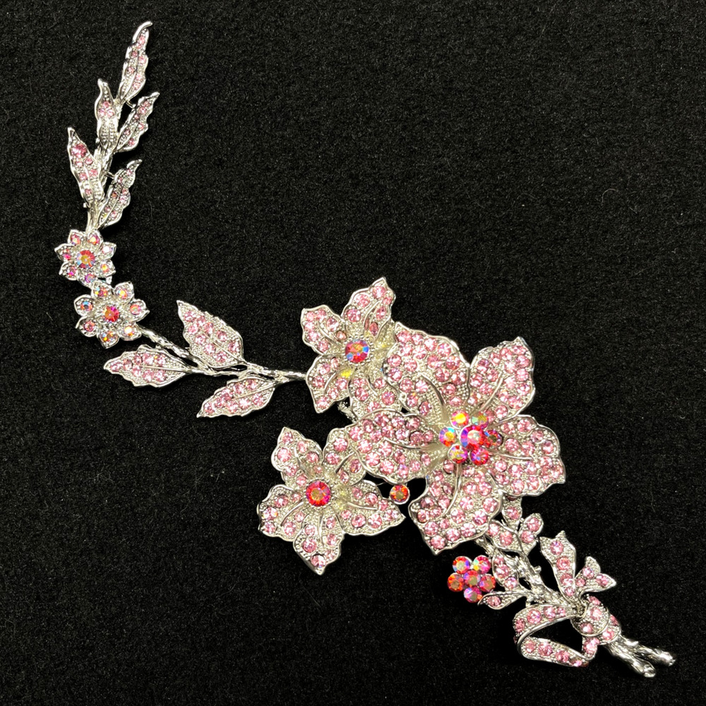 Vintage Style Pink Rhinestone Flowers Brooch